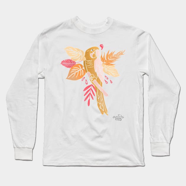 Tropical pink and peachy parrot Long Sleeve T-Shirt by MutchiDesign